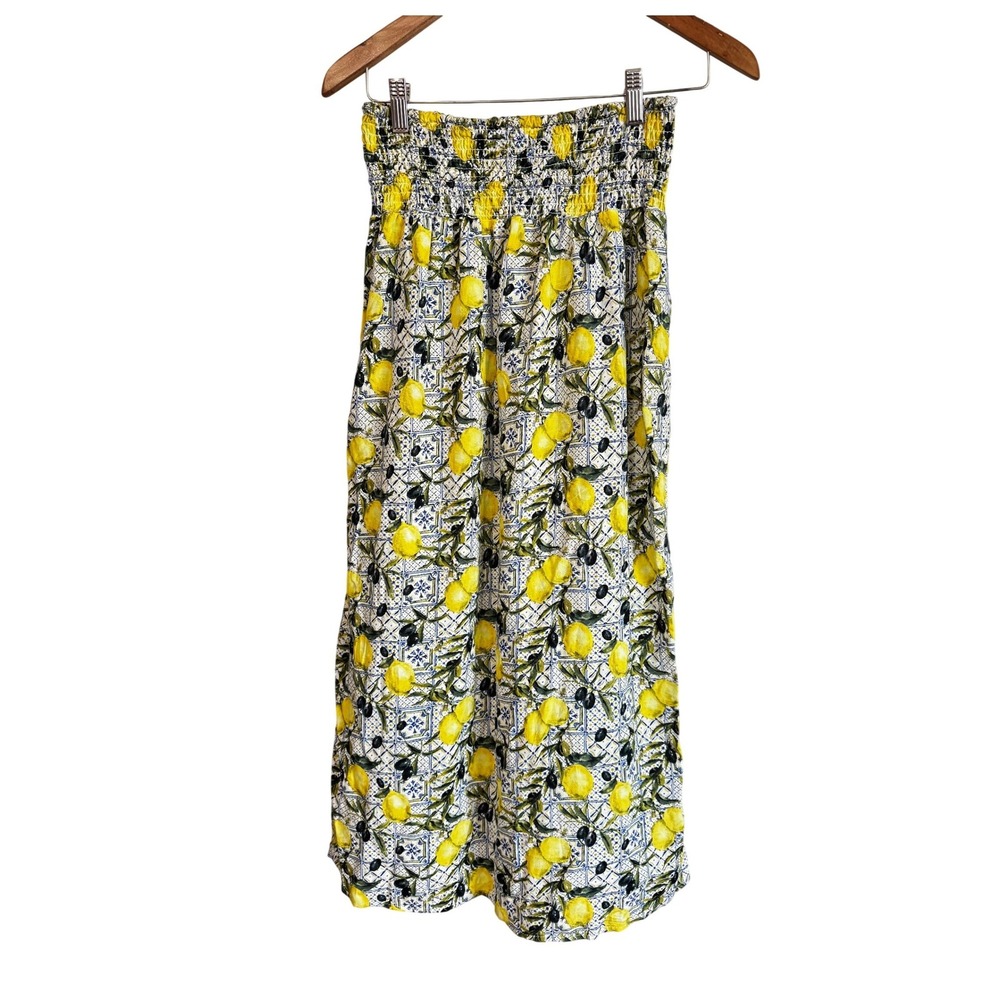 Lemon Tile Print Maxi Skirt Womens Small Smocked Waist Yellow Mediterranean